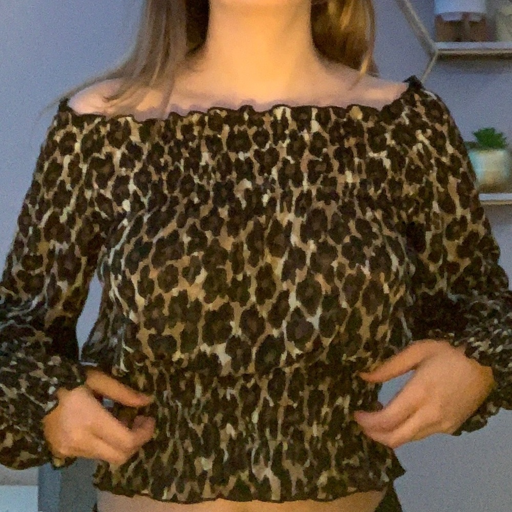 US S express mesh cheetah off the shoulder blouse